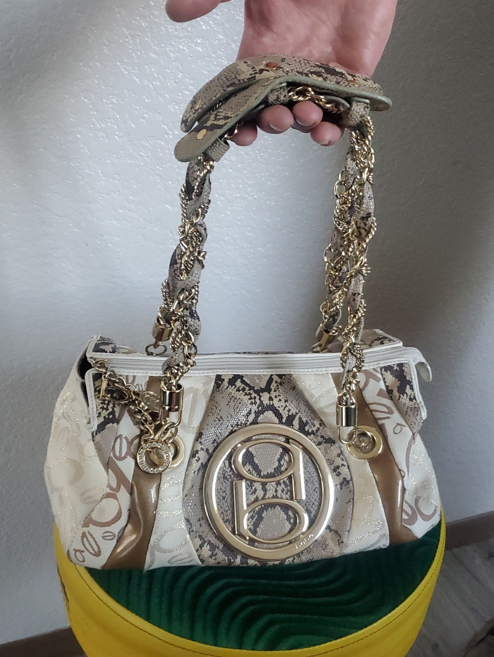 bebe Cream and Tan Snake-Print Shoulder Bag And Wallet Set with Gold Hardware